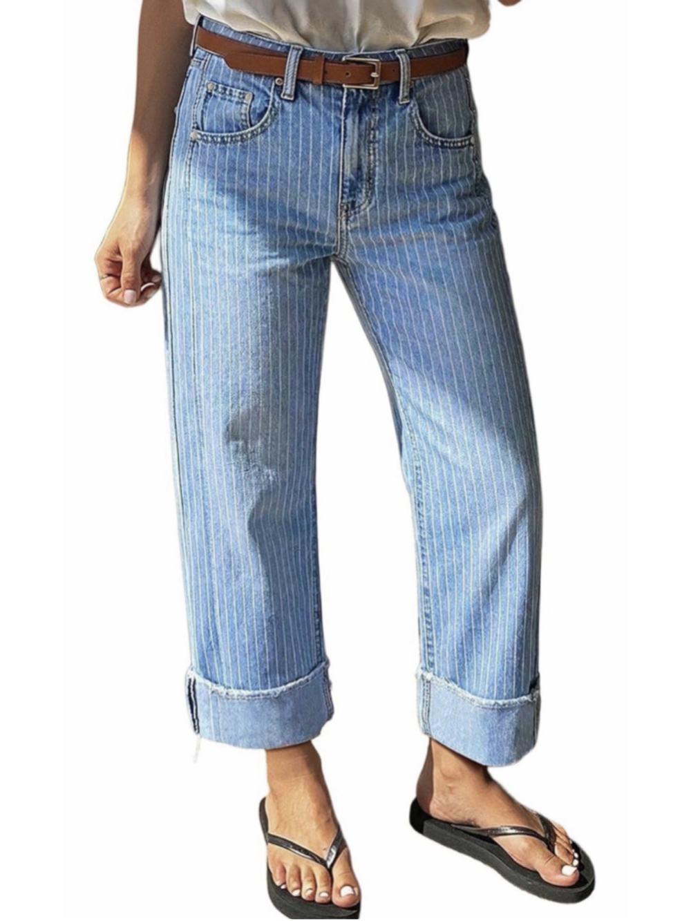 Flamingals Straight Leg Mid Rise Striped Roll Hem Trendy Jeans for Women 2XL